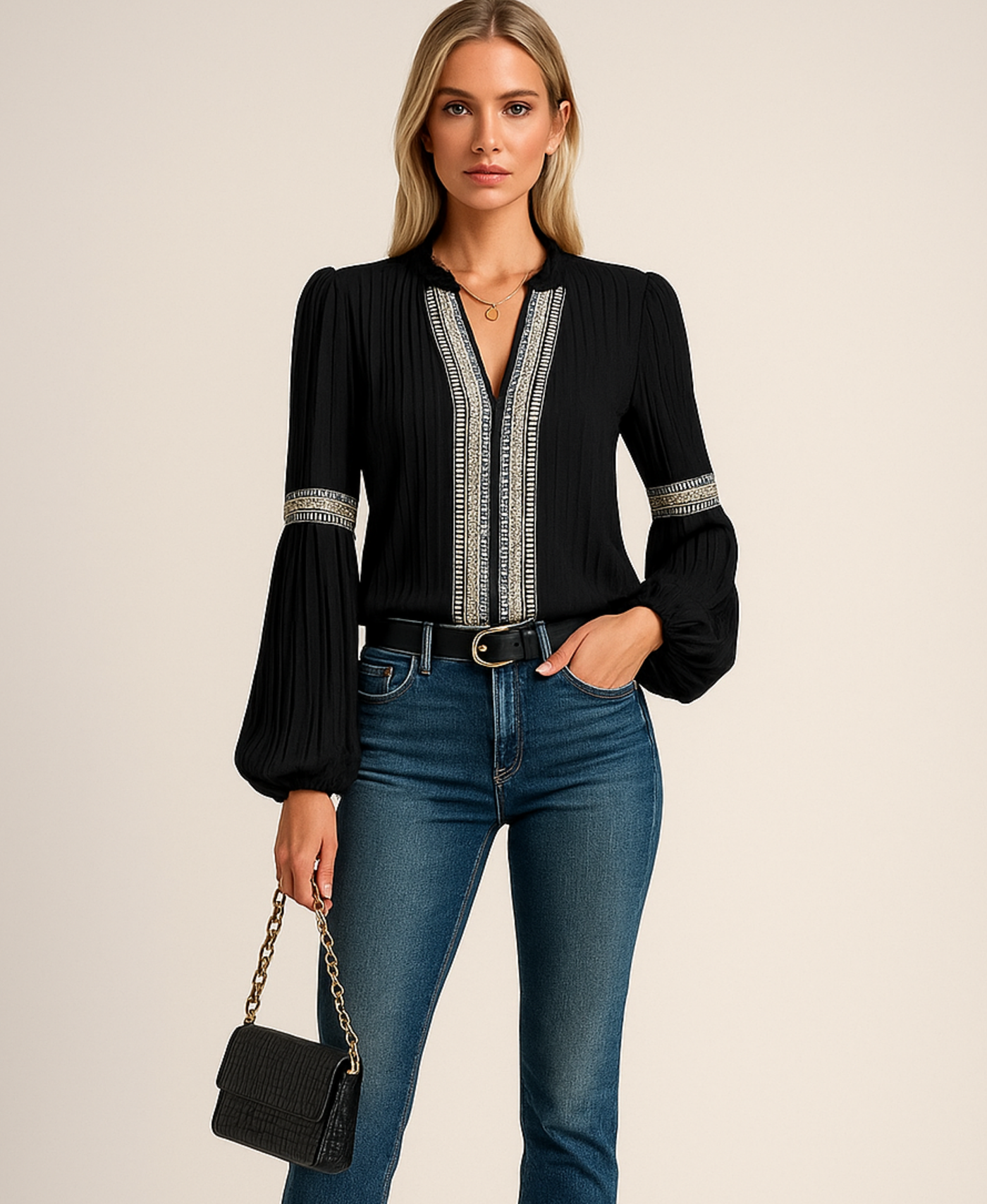 GRETA™ - Vintageblus med V-ringning